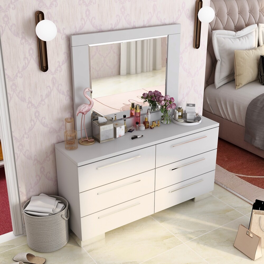 Rema Contemporary White Wood 6 Drawer 2 Piece Dresser and Mirror Set by Furniture of America