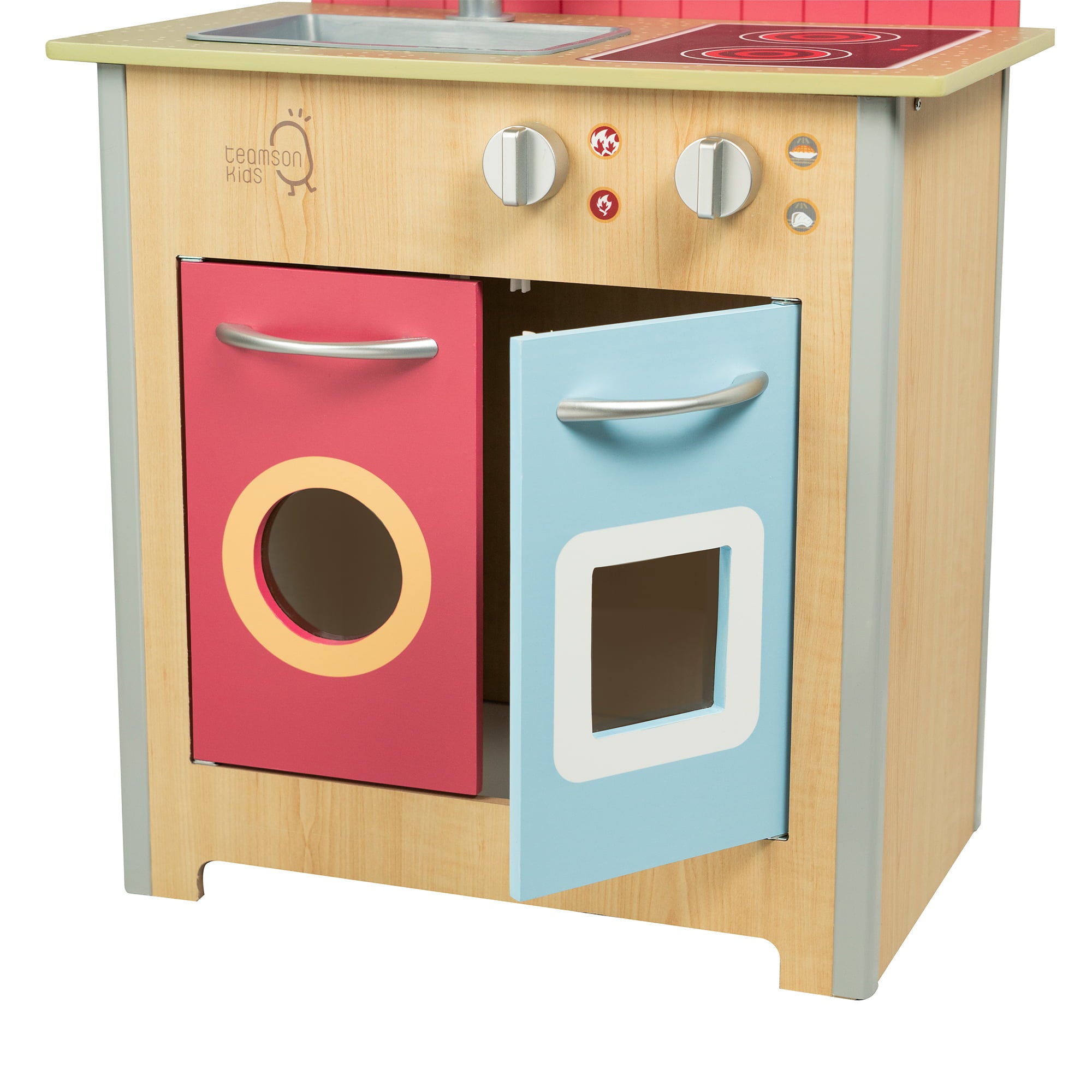 Teamson Kids Little Chef Porto Classic Wooden Kitchen Playset, Natural/Red