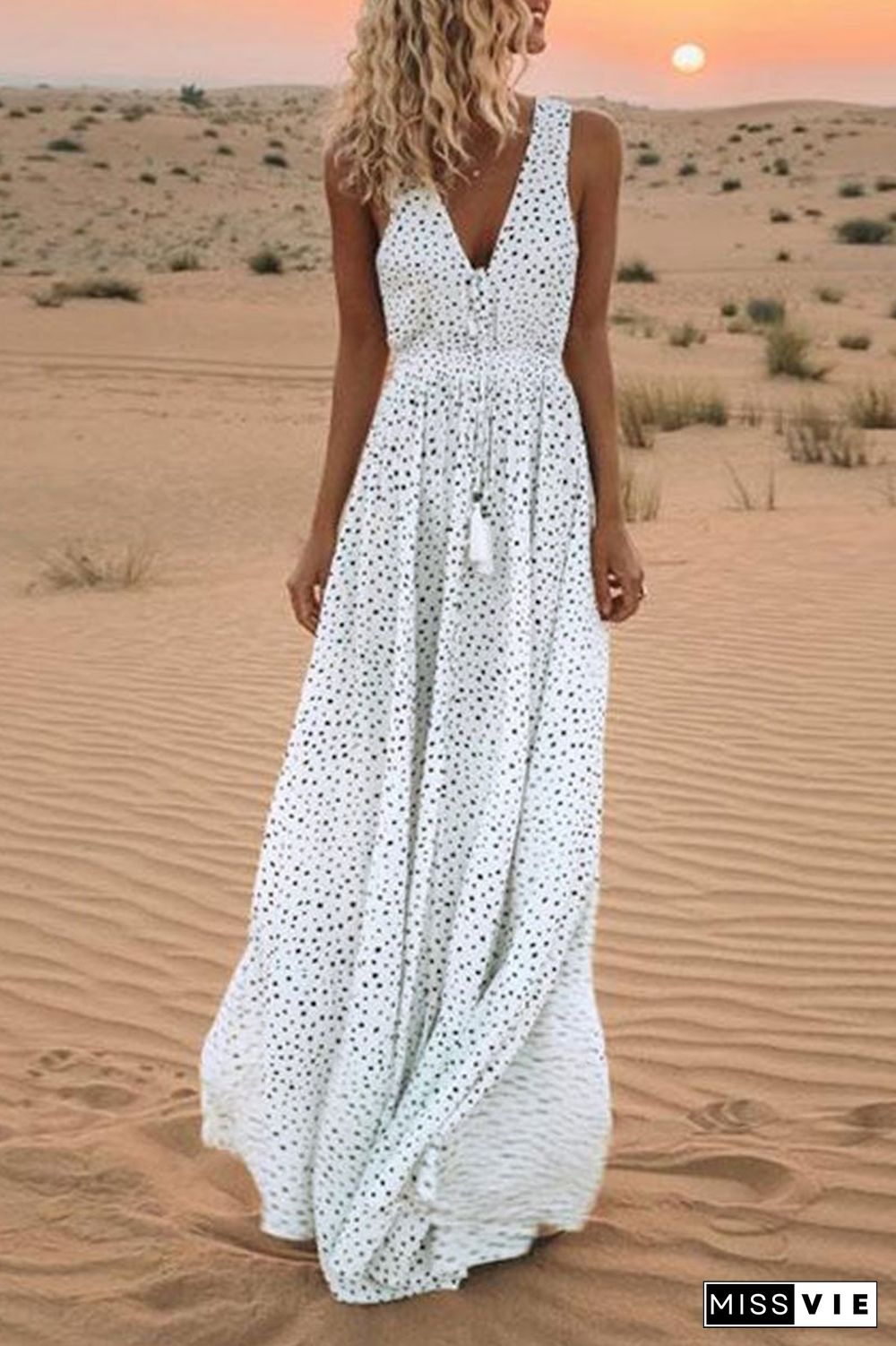 V Neck Dot Printed Floor Length Dress(3 Colors)