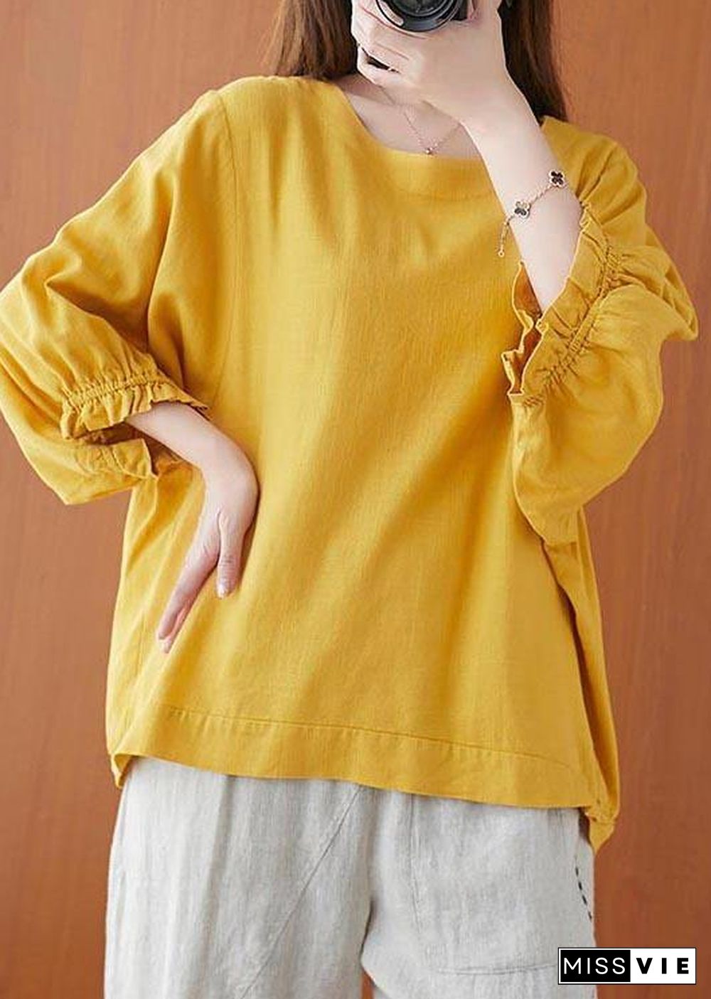 Women Yellow Ruffled Cotton Summer Shirt Top