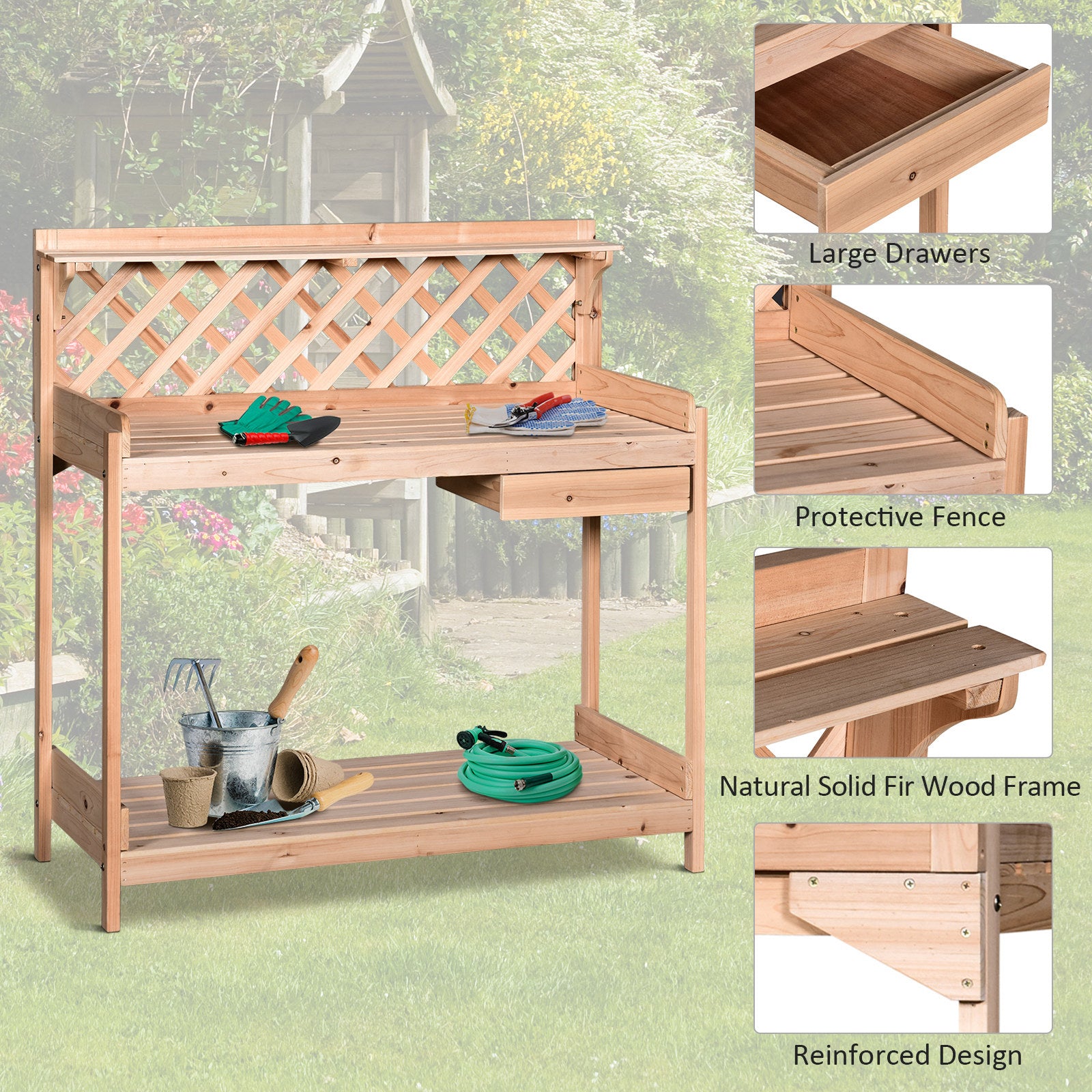 Outsunny Outdoor Garden Potting Bench, Wooden Workstation Table w/ Drawer, Hooks, Open Shelf, Lower Storage and Lattice Back for Patio, Backyard and Porch