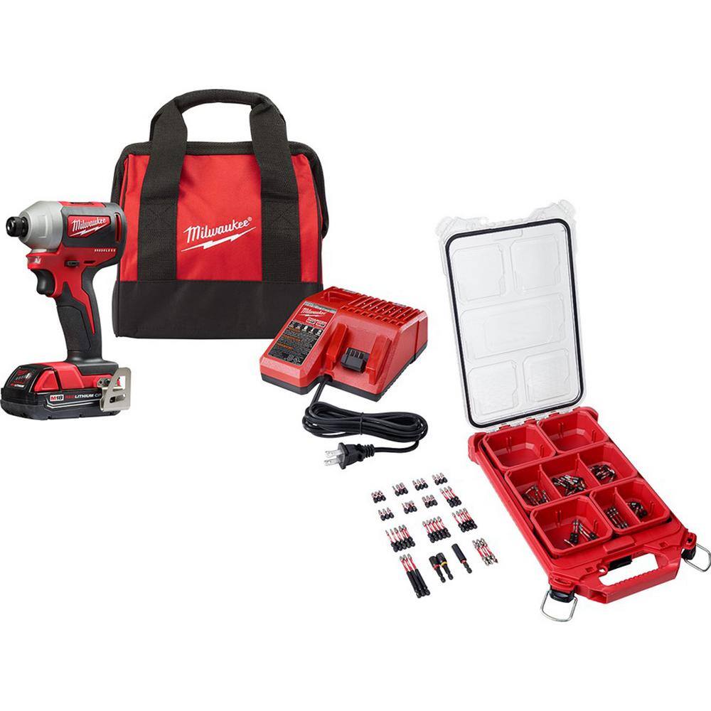 MW M18 18V Lithium-Ion Compact Brushless Cordless 14 in. Impact Driver Kit w Screw Driver Bit Set PACKOUT (100-Piece) 2850-21P-48-32-4082