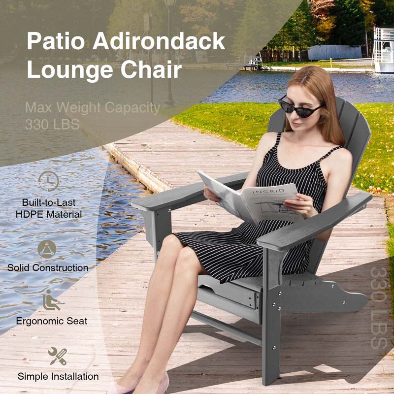 HDPE Adirondack Chair with Retractable Ottoman, Outdoor Chaise Lounge Chair for Lawn Pool Deck