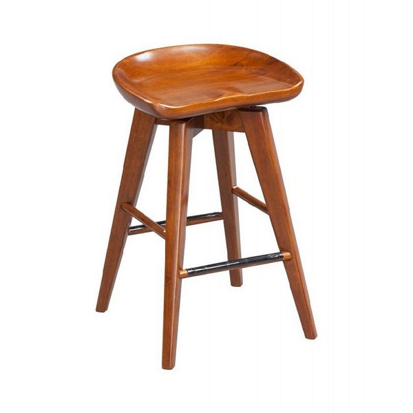 Contoured Seat Wooden Swivel Counter Stool with Angled Legs， Walnut Brown