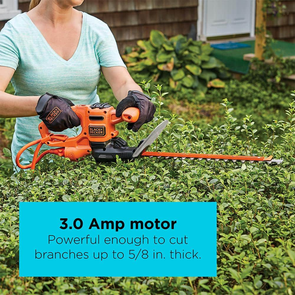 BLACK+DECKER 16 in. 3.0 Amp Corded Dual Action Electric Hedge Trimmer with Saw Blade Tip BEHTS125