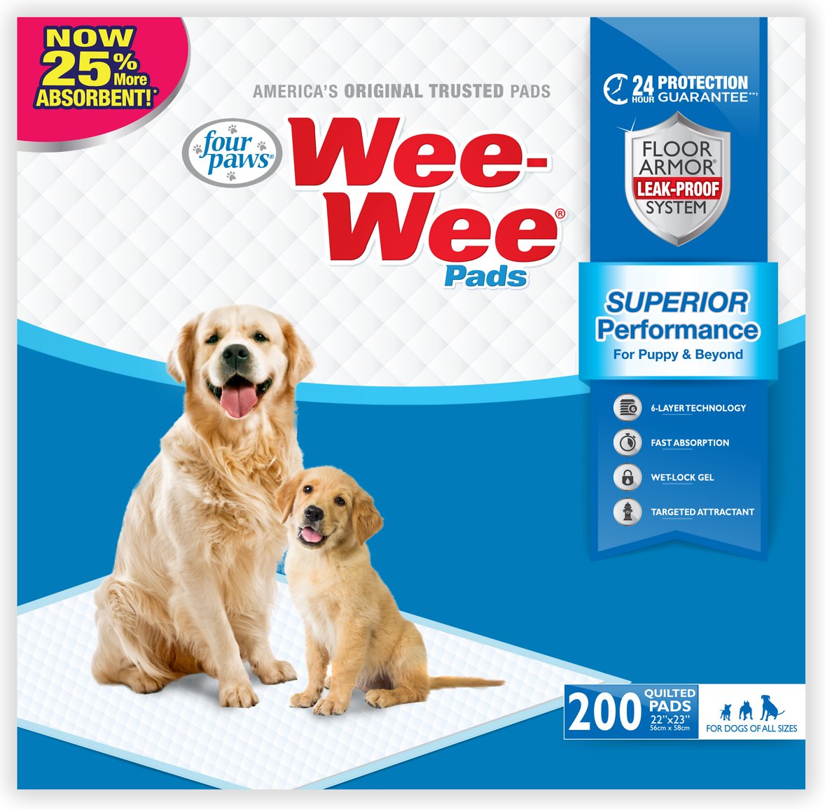 Wee-Wee Absorbent Dog Pee Pads， 22 x 23-in， Unscented， 20 Count