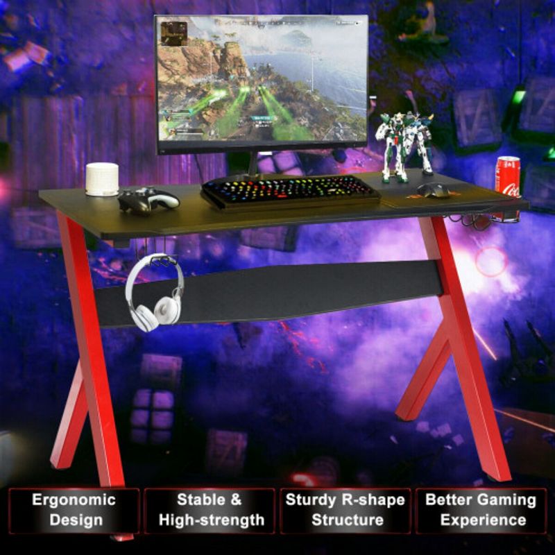 Ergonomic Computer Gaming Desk with Cup and Headphone Holder