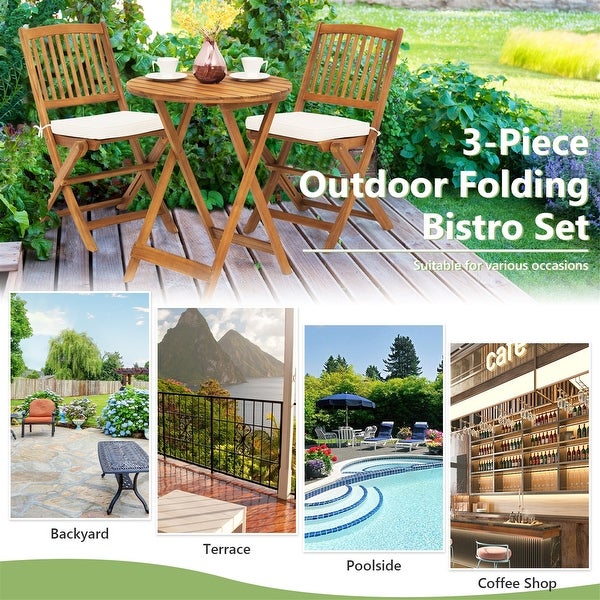 3 Pieces Acacia Wood Patio Folding Bistro Set Cushioned Chair - Overstock - 37532301