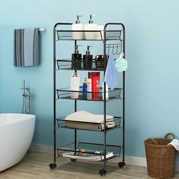 5 Tier Storage Rack Trolley Cart Home Kitchen Organizer Utility Baskets Black