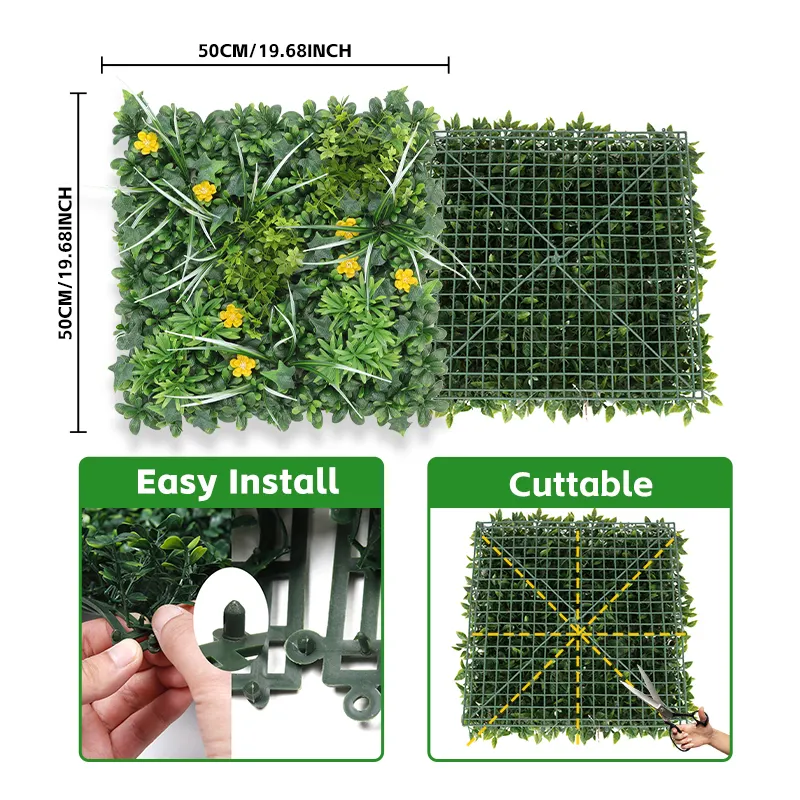 P189/184 Garden Supplies Plastic Faked Synthetic Grass and Yellow Flower Hedge Panel Artificial Plants Wall