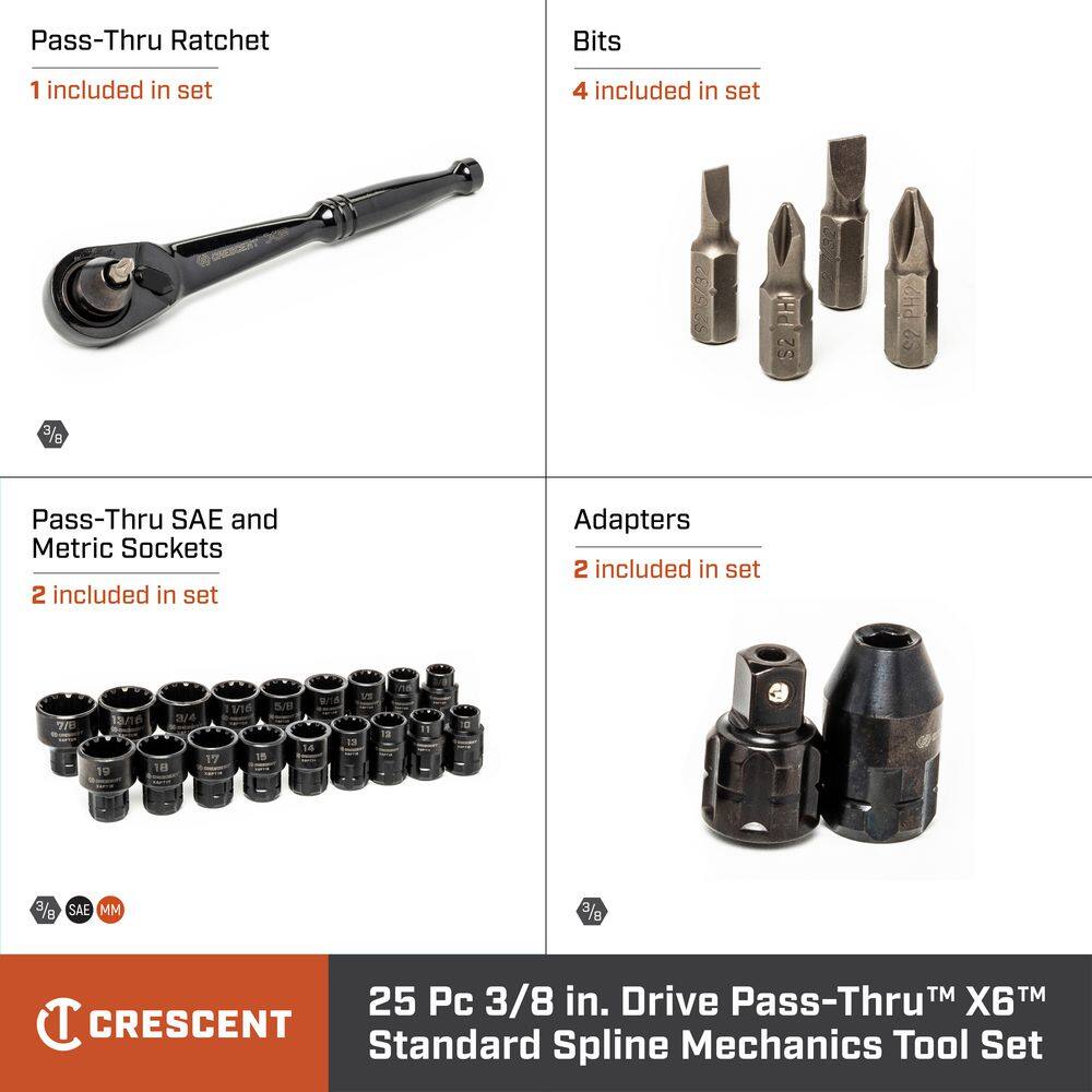 Crescent X6 38 in. Drive Pass-Thru UniversalSpline Standard SAEMetric Ratchet and Socket Set (25-Piece) CX6PT25