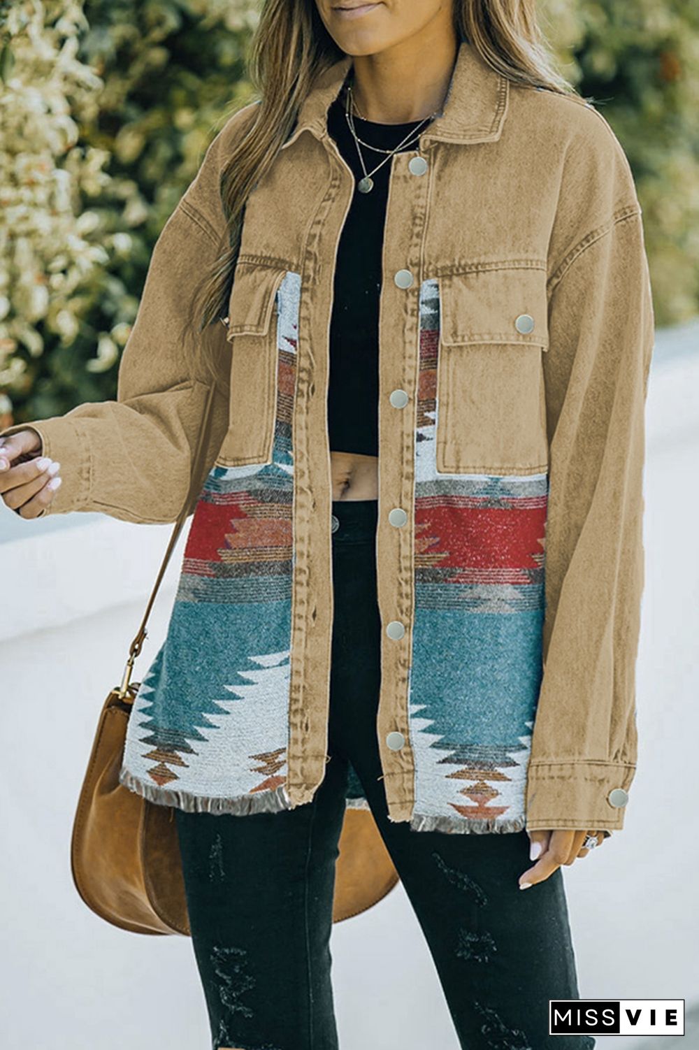 Distressed Aztec Denim Jacket Coat