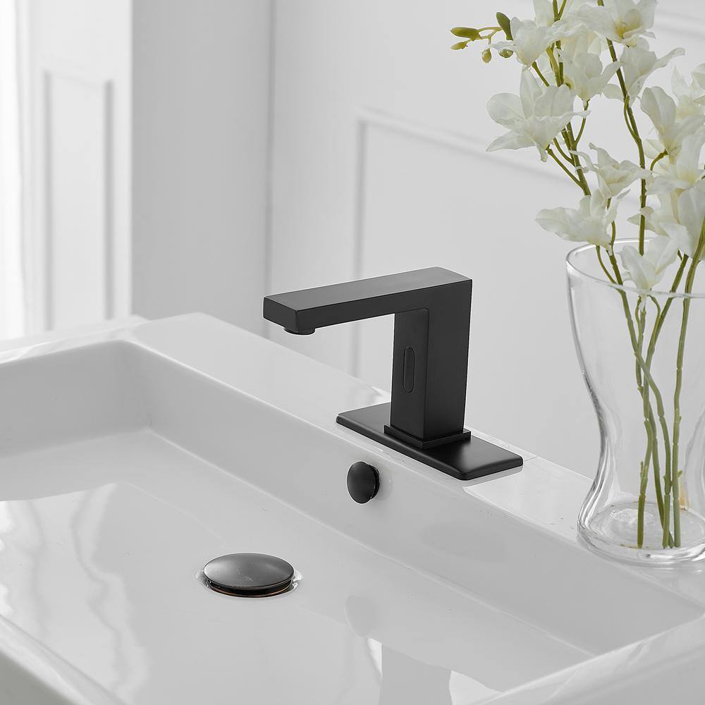 BWE DC Powered Commercial Touchless Single Hole Bathroom Faucet With Deck Plate And Pop Up Drain In Matte Black A-918108-B-2