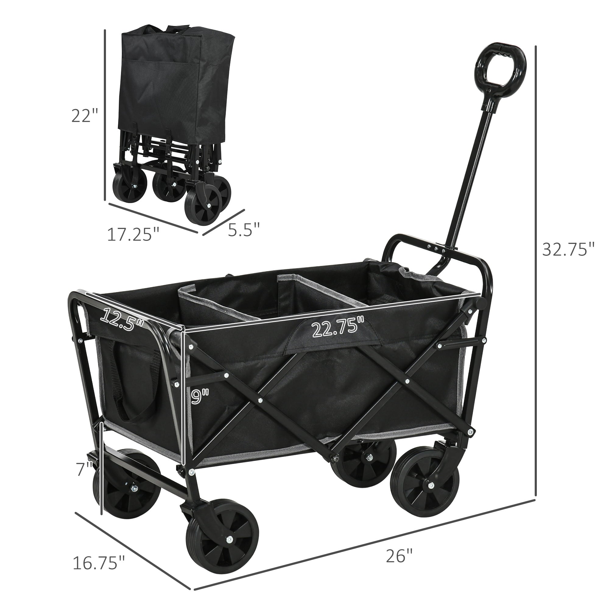 Outsunny Collapsible Folding Wagon Cart， Garden Wagon Portable Cart Black