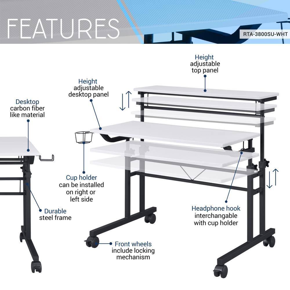 TECHNI MOBILI White Rolling Writing Desk with Height Adjustable Desktop and Moveable Shelf RTA-3800SU-WHT