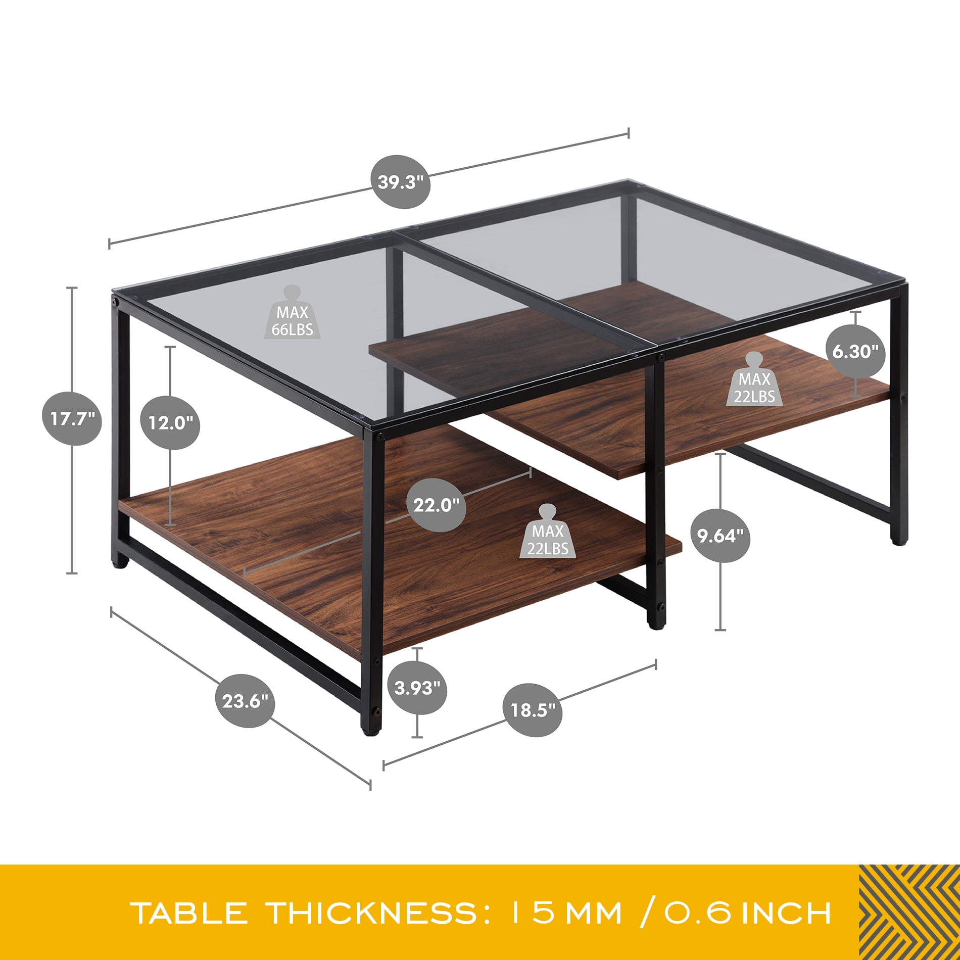 Glass Coffee Table with 2-Tier Shelves Tea Table for Living Room, 40