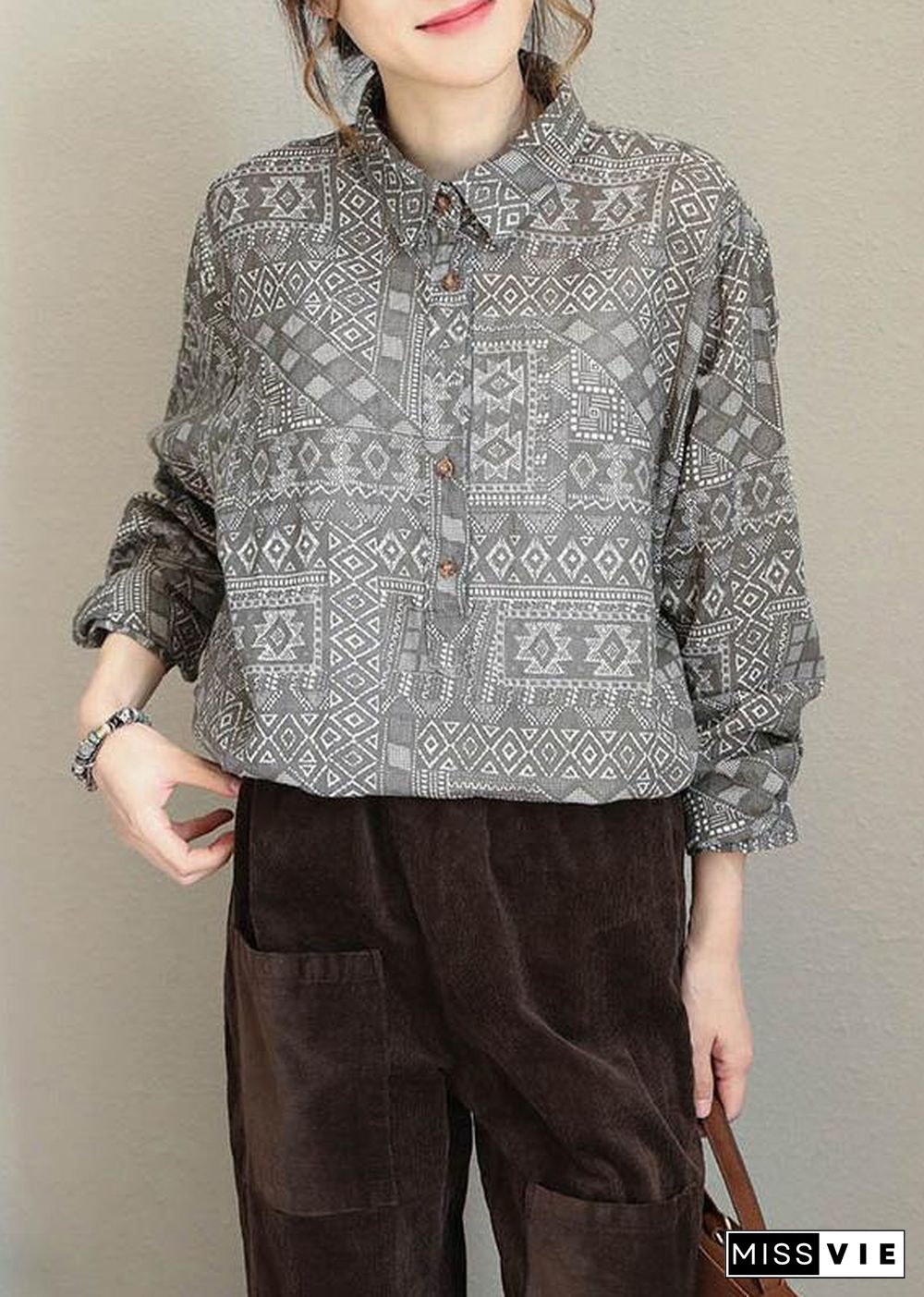 Loose lapel collar cotton linen clothes For Women gray prints tunic shirts long sleeve