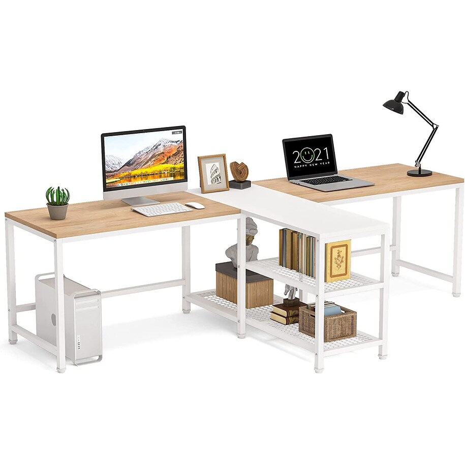 94.5 inch Double Computer Desk with Storage Shelves  Two Person Desk