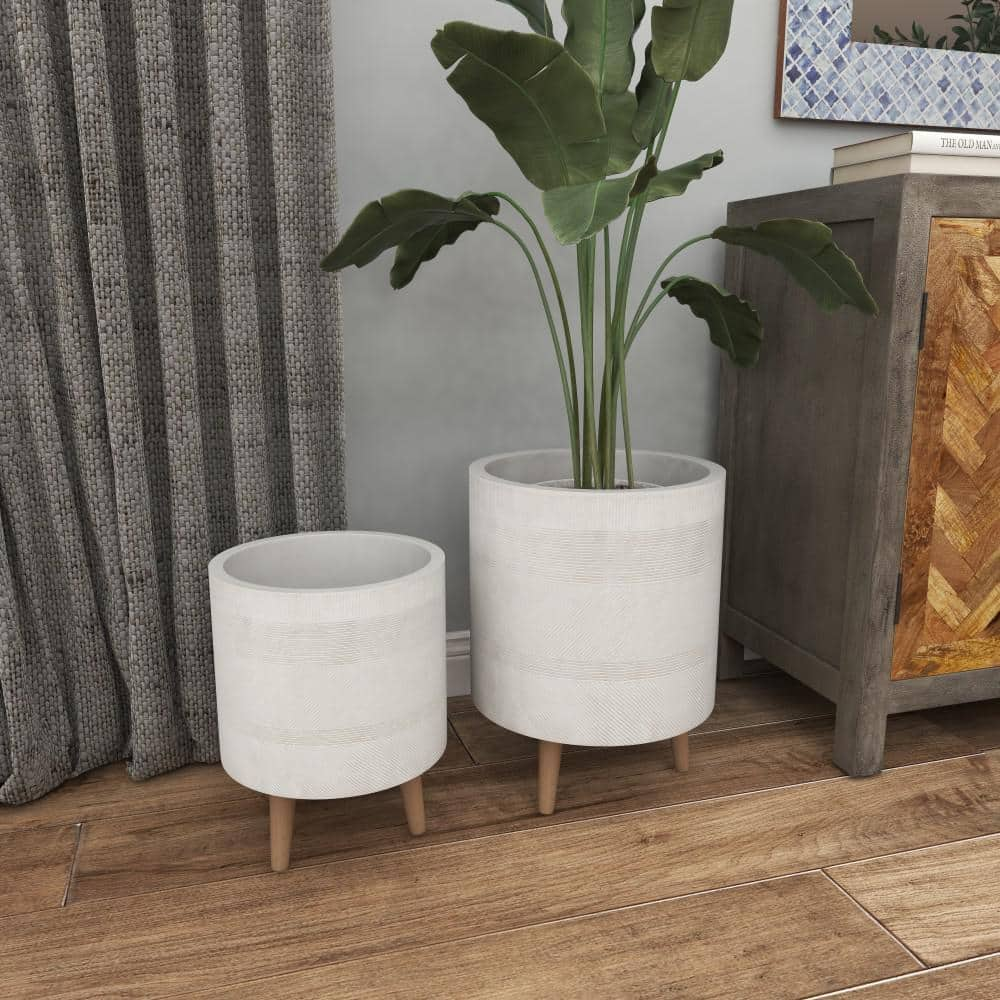 Litton Lane 16in. Medium White Ceramic Indoor Outdoor Planter with Wood Legs (2- Pack) 46492