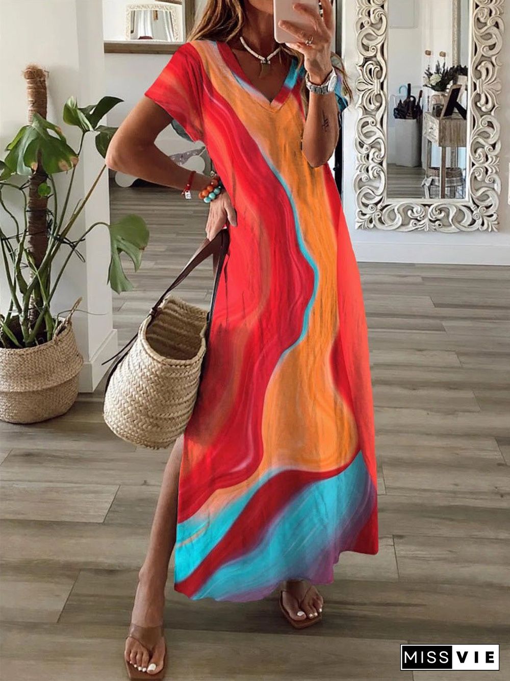 Women'S Dresses Printed Short Sleeve V-Neck Slit Dress