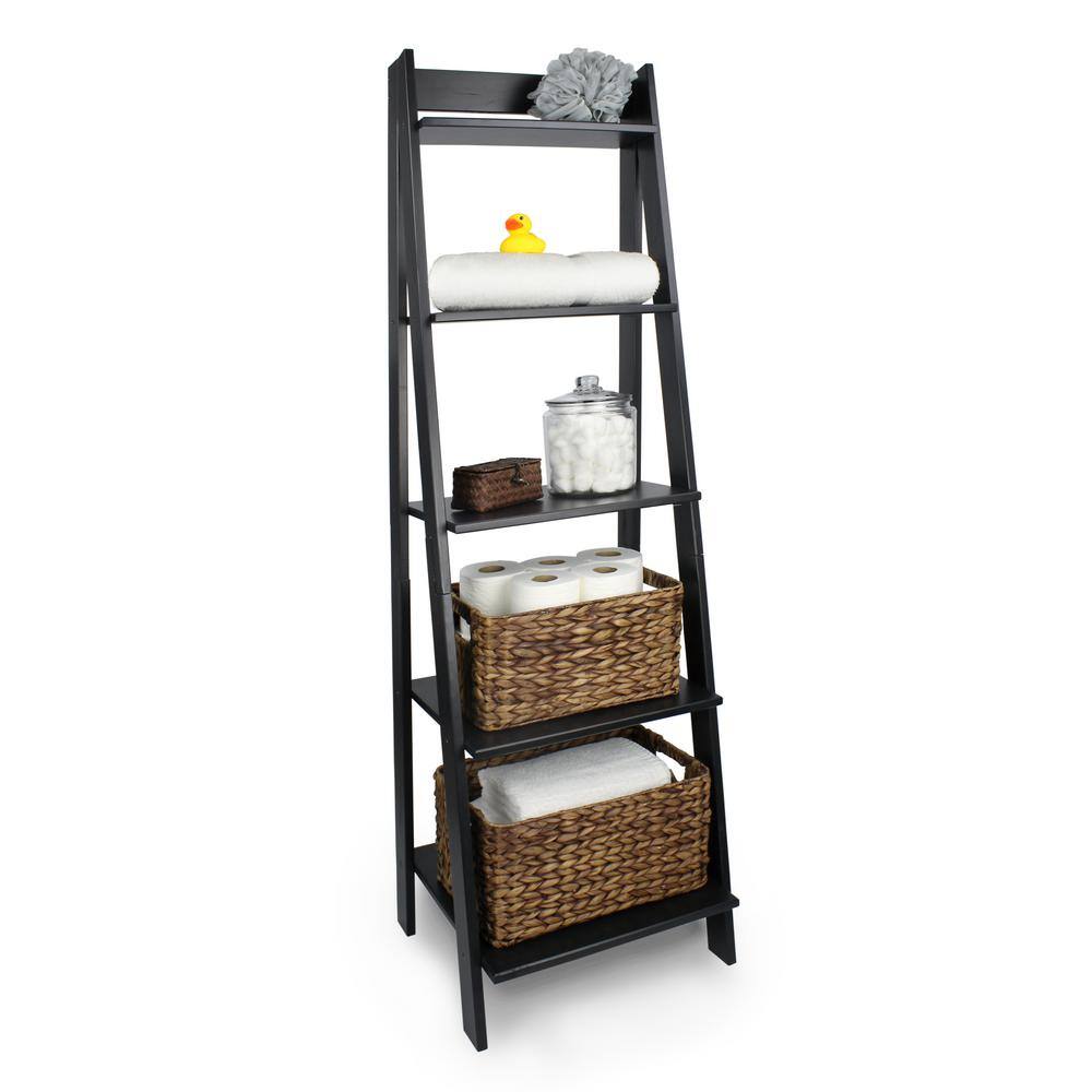 Adeptus 62.2 in. Black Wood 5-shelf Ladder Bookcase with Open Back 95078