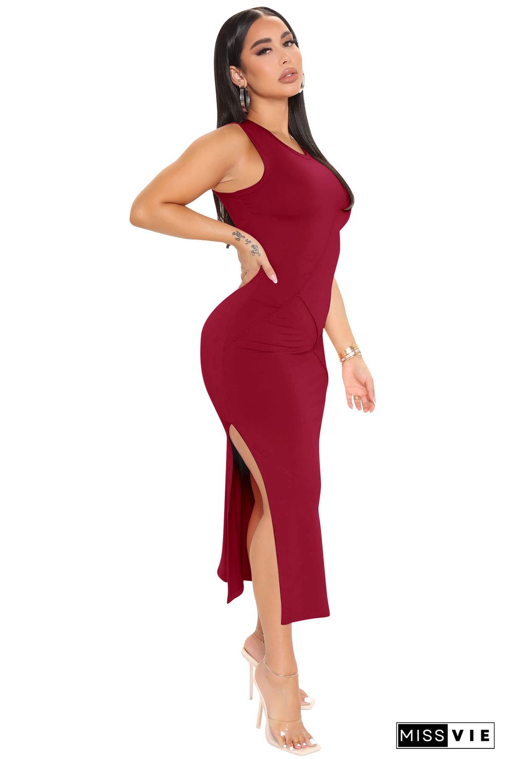 Solid Color Sleeveless Side Slit Basic Tank Dresses