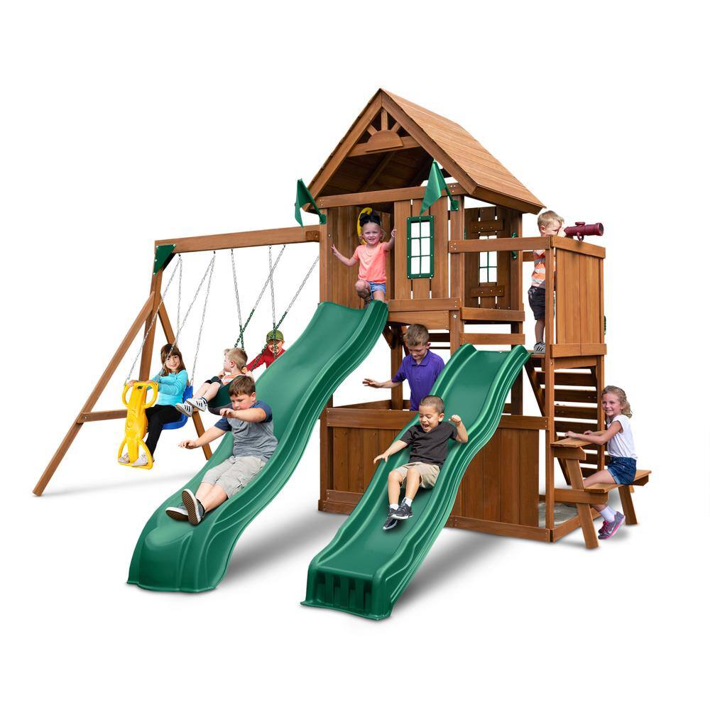 Swing-N-Slide Playsets KnightsBridge Deluxe Complete Wooden Outdoor Playset with Slides Swings and Backyard Swing Set Accessories WS 8353