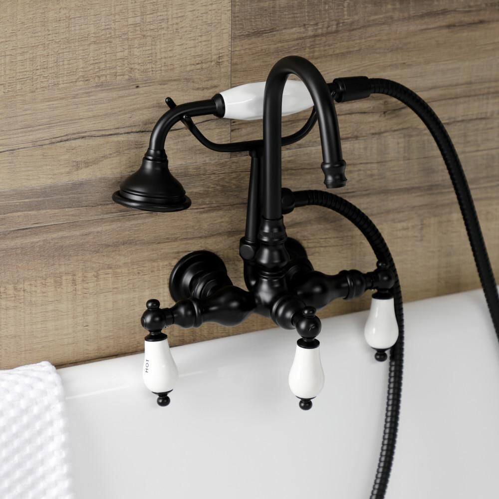 Kingston Brass Aqua Vintage 3-Handle Wall-Mount Clawfoot Tub Faucets with Hand Shower in Matte Black HAE9T0