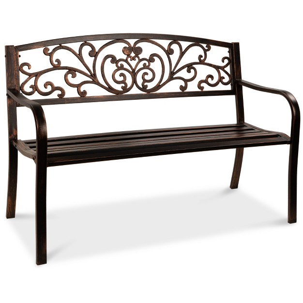 Best Choice Products Outdoor Steel Bench Garden Patio Porch Furniture W Floral Design Backrest Slatted Seat