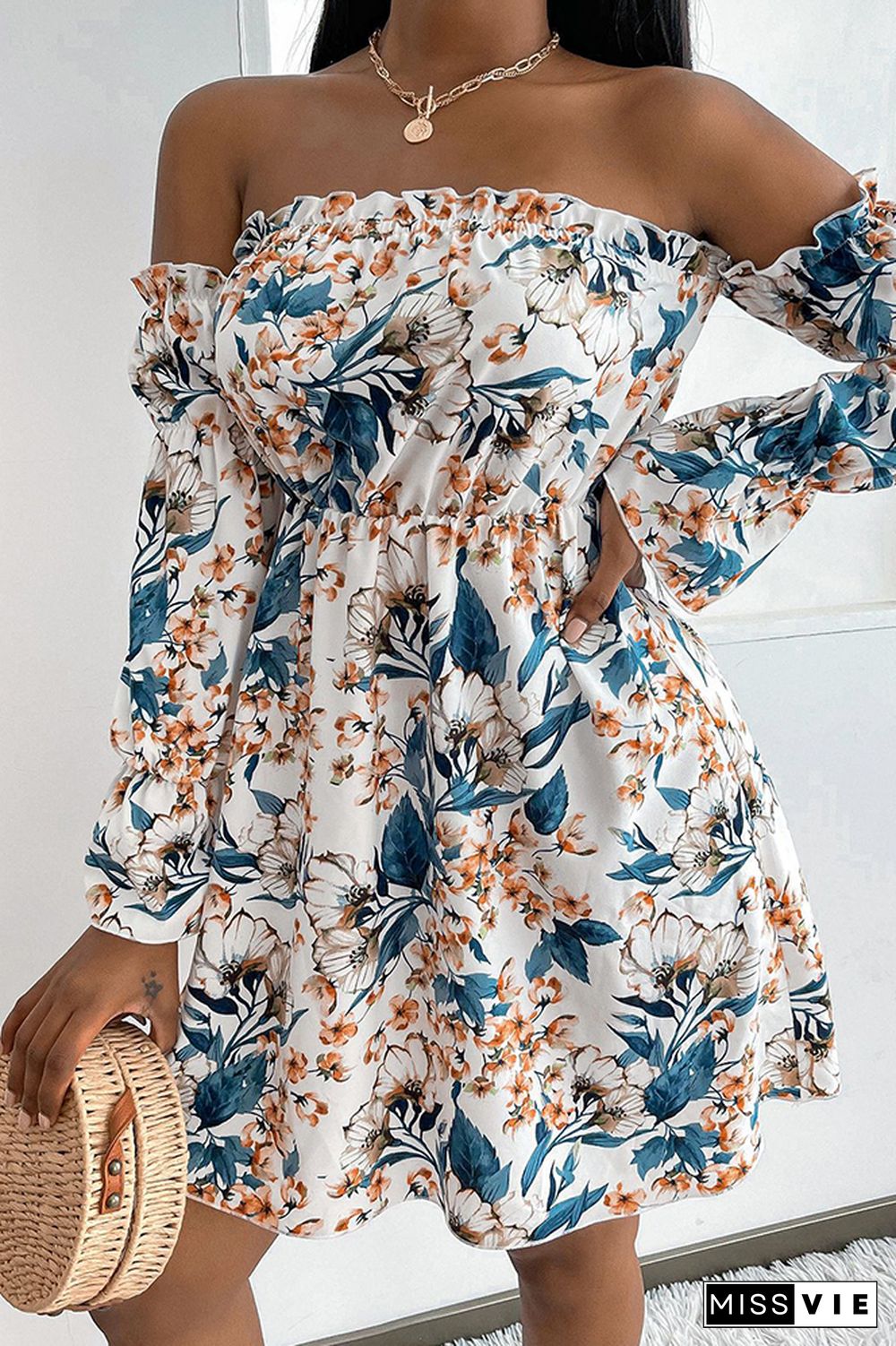 Off Shoulder Floral Print Long Sleeve Mini Dress Wholesale