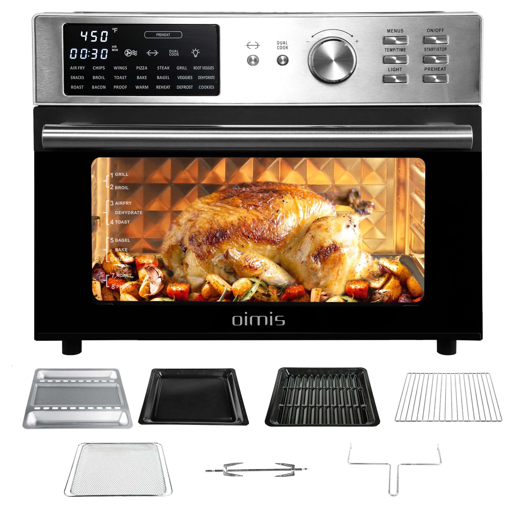 OIMIS  Air Fryer Toaster Oven, 32QT Countertop Convection oven, 9 Accessories, Stainless Steel, 1800W, Silver