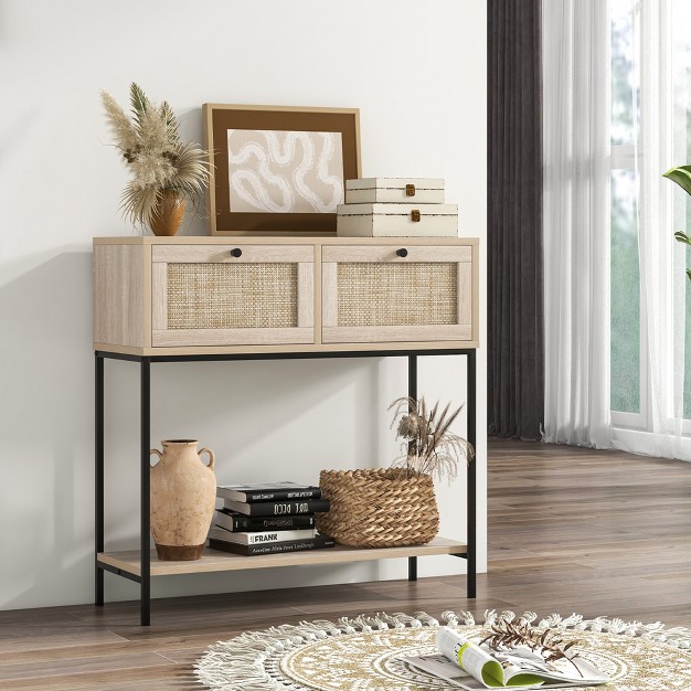 Costway Rattan Console Table With 2 Rattan Drawers amp Open Storage Shelf Metal Legs Oak