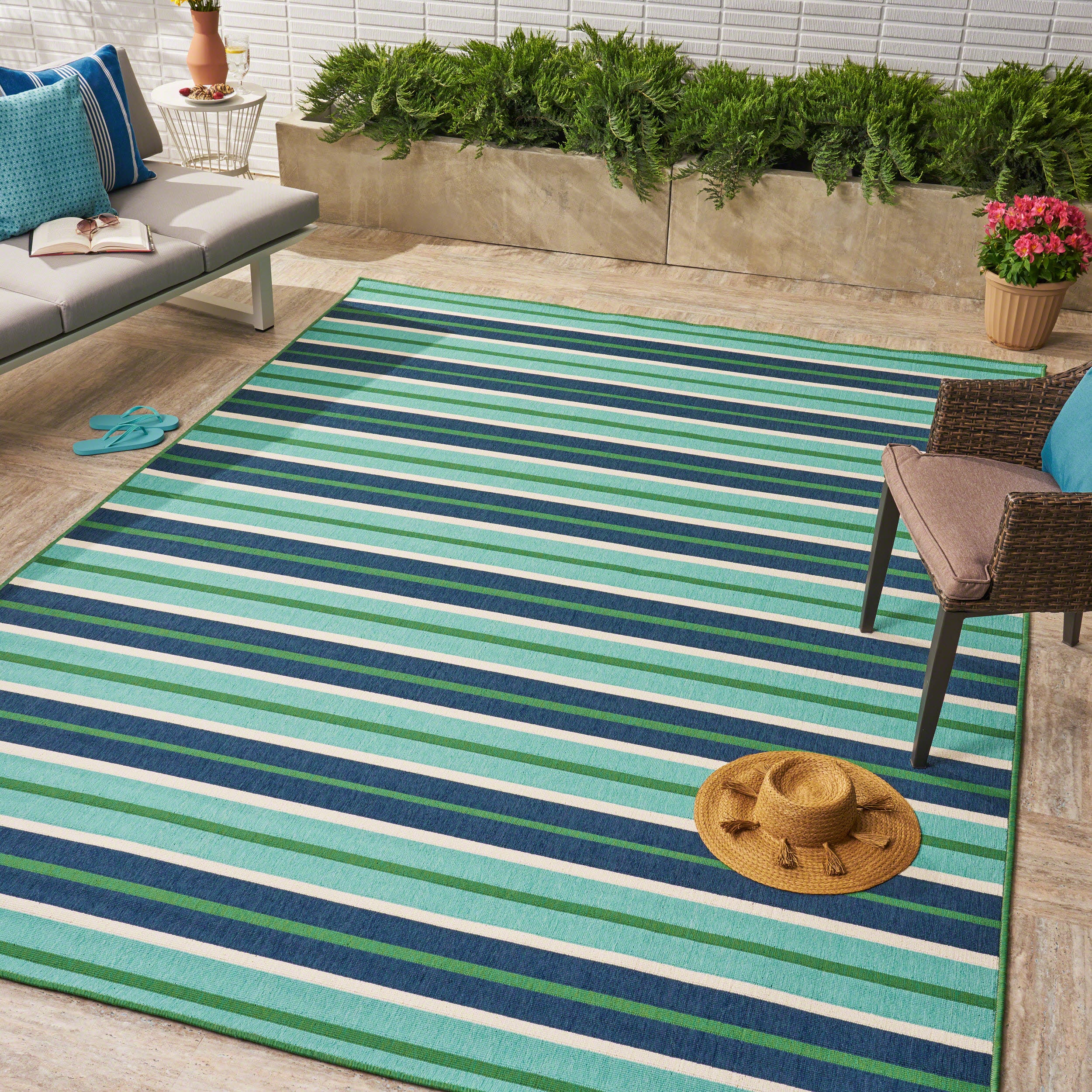 Khaidyn Outdoor Modern Striped Blue and Green Rectangular Area Rug