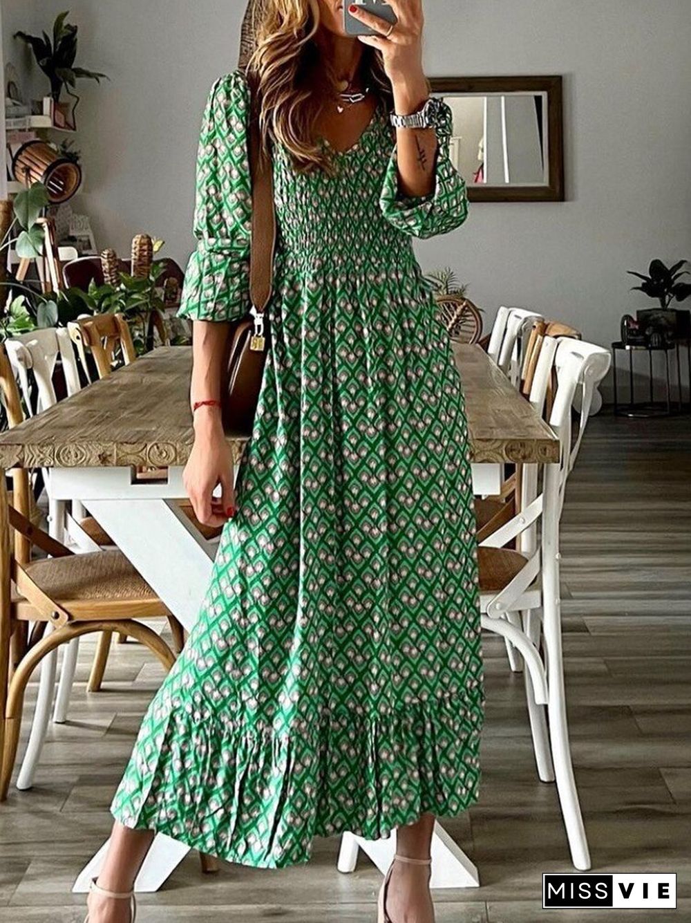 Women Fashion Pattern Printed Long Beach Dresses Female Casual Half Sleeve V-Neck Dress New Summer Elegant Loose Maxi Dress