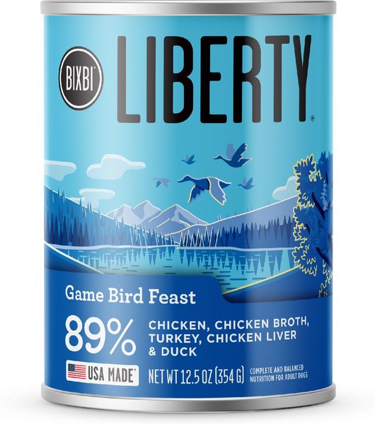 BIXBI Liberty Game Bird Feast Turkey， Turkey Broth， Chicken， Duck and Turkey Liver Wet Dog Food， 12.5-oz can， case of 12