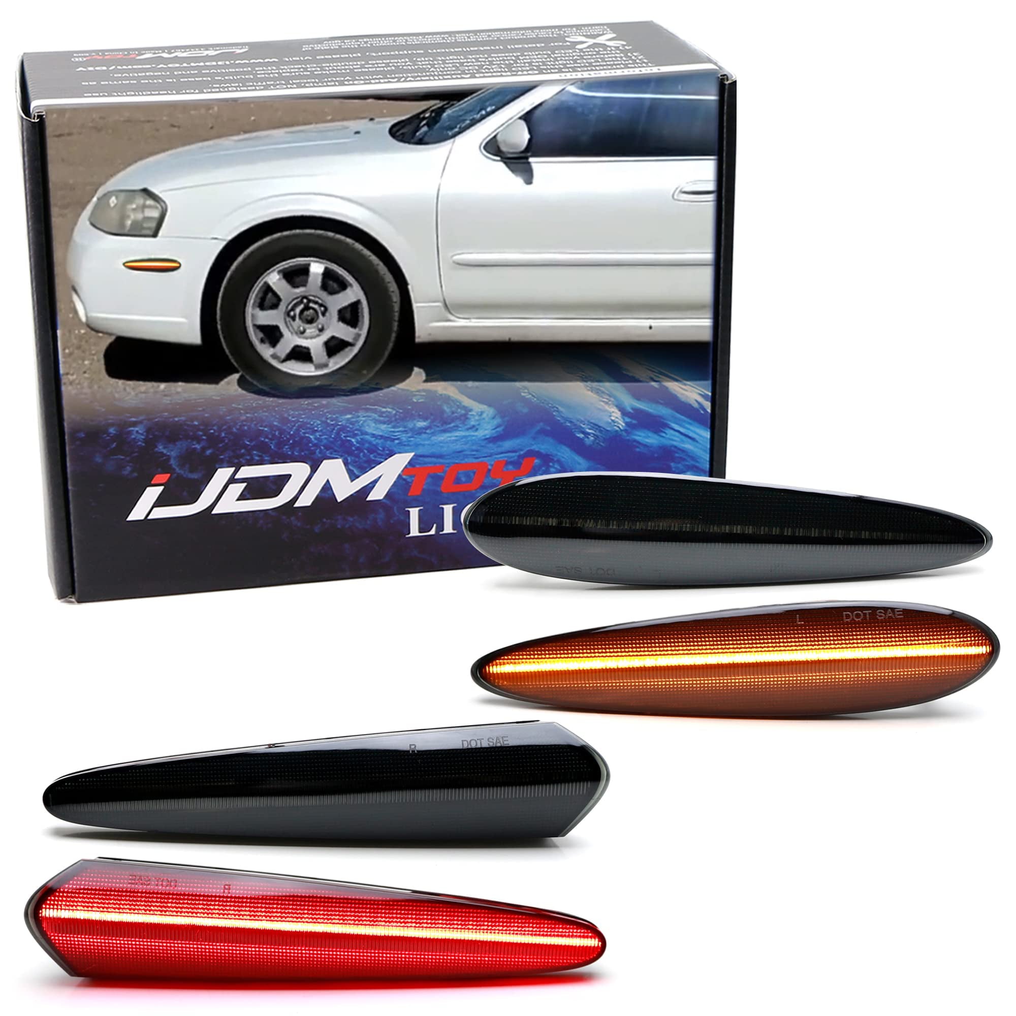 iJDMTOY Black-Out Smoked Lens Amber/Red Full LED Front/Rear Bumper Side Marker Light Kit Compatible With 2000-03 Nissan Maxima， Powered by Total 180-SMD LED， Replace OEM Sidemarker Lamps