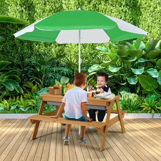 SUNRINX 3-in-1 Kids Outdoor Picnic Water Sand Table with Umbrella Play Boxes-Green MG20-23HWJJ