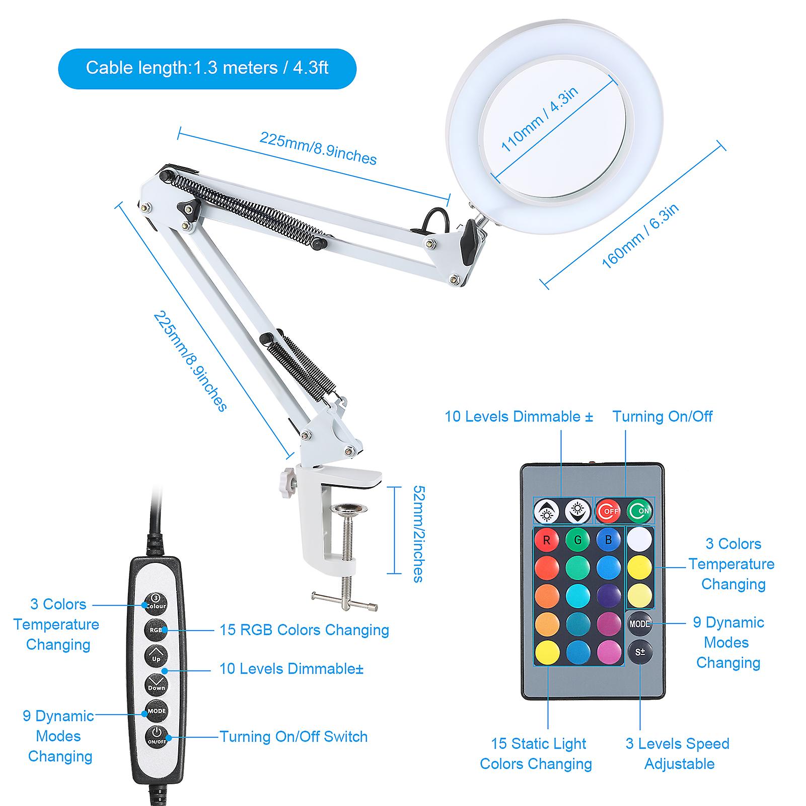 D C5v 2a 8w 80leds Desk Light With 5x Magnifier Swing Arm Clamp-on Table Lamp Usb Powered With Controller 3 Colors Temperature Changing/ 10 Levels Dim