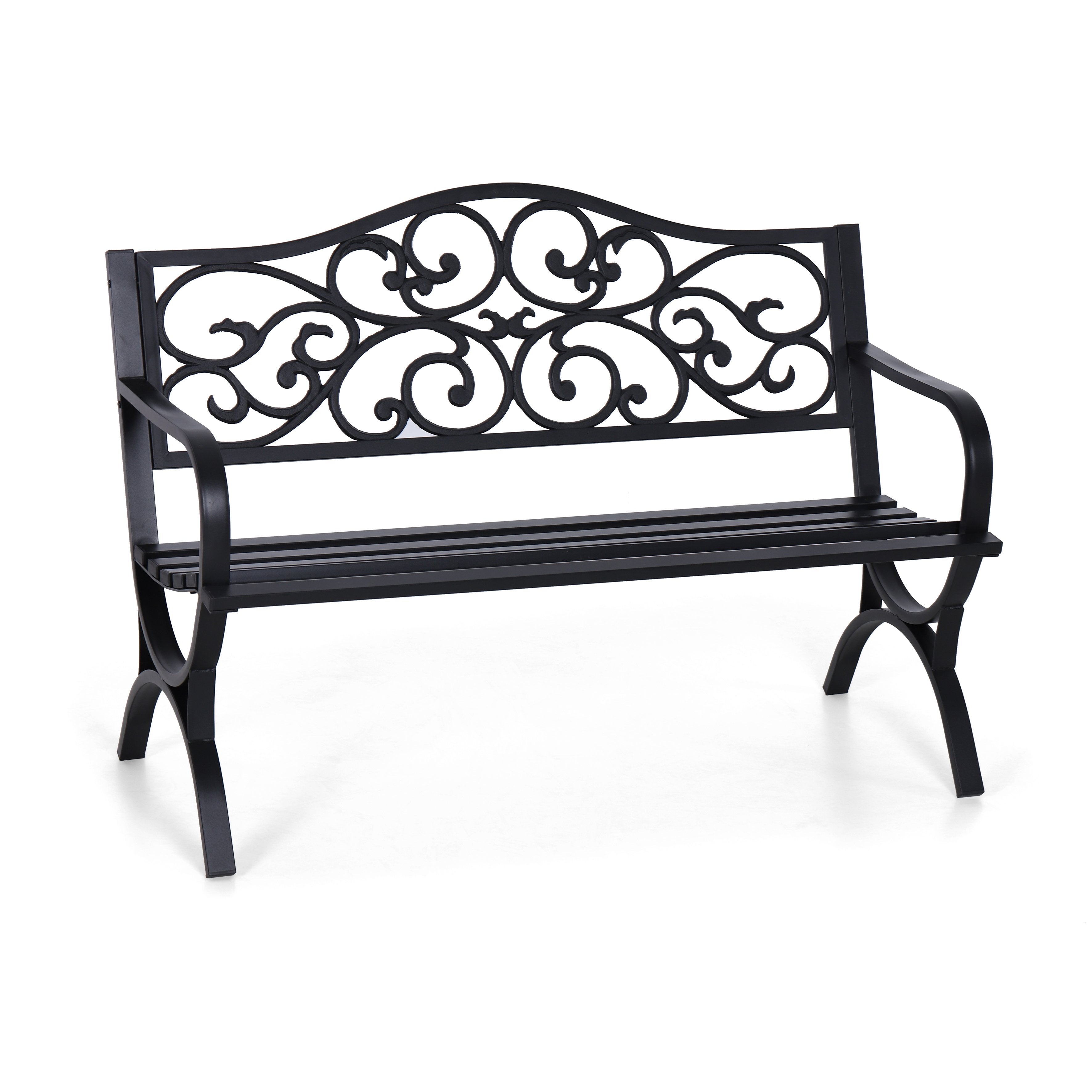 MF Studio Garden Bench 50 Inch Cast Iron Steel Frame Chair W/Floral Design Backrest, Black