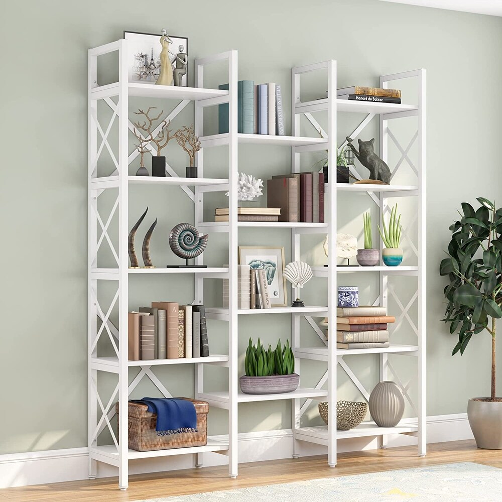 Triple Wide 5 Shelf Bookcase  Etagere Large Open Bookshelf Vintage Industrial Style Shelves Wood and Metal bookcases