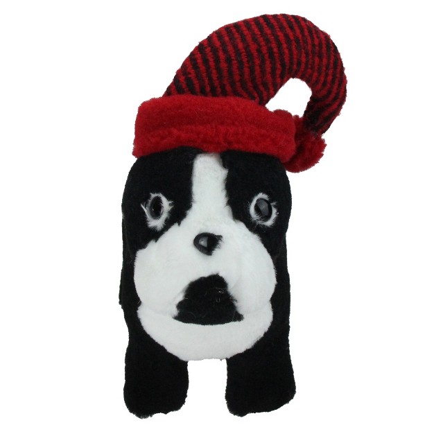 Black And White Plush Standing Bulldog With Red Hat Christmas Decoration