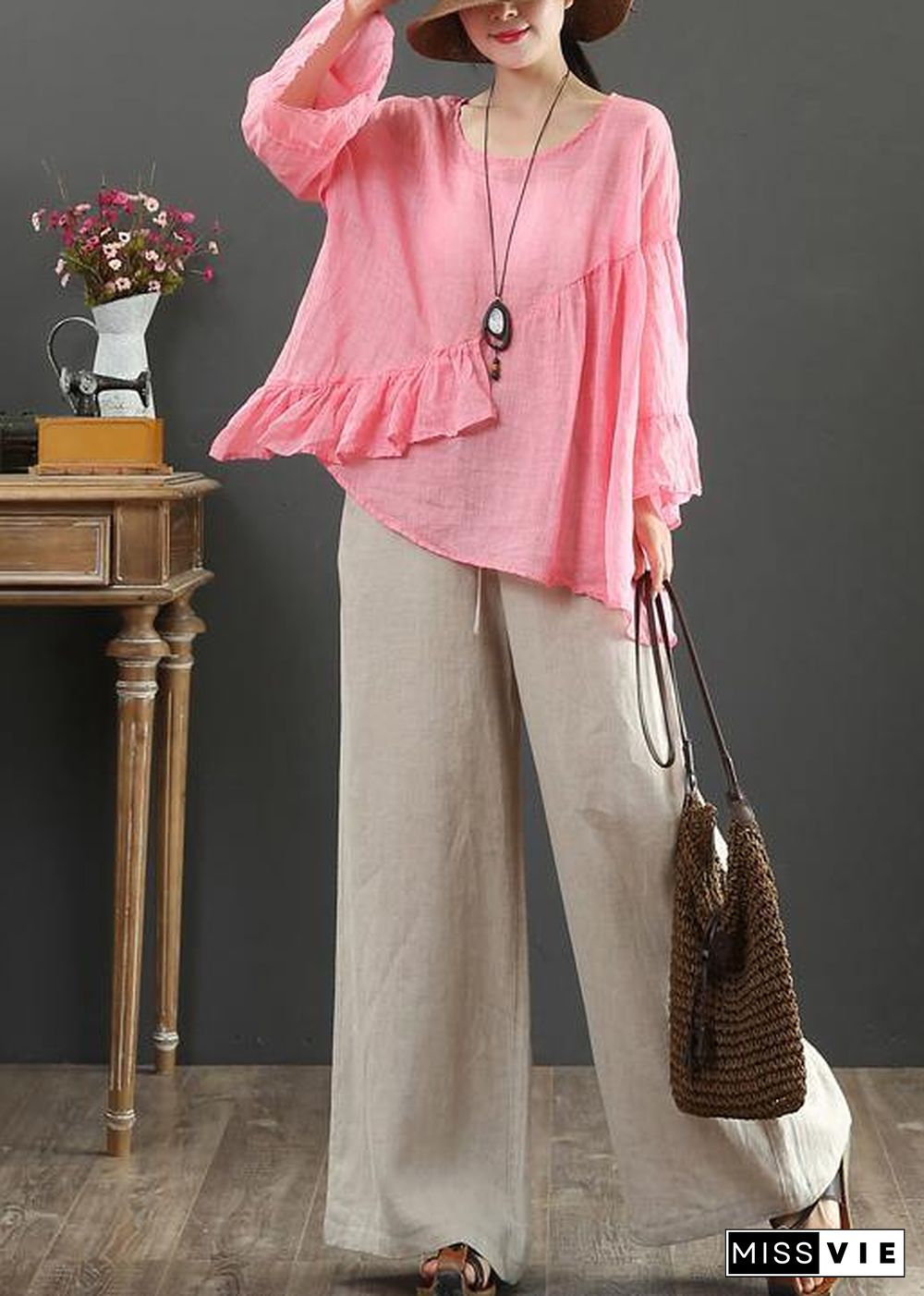 Art pink linen tops o neck Ruffles silhouette summer blouses