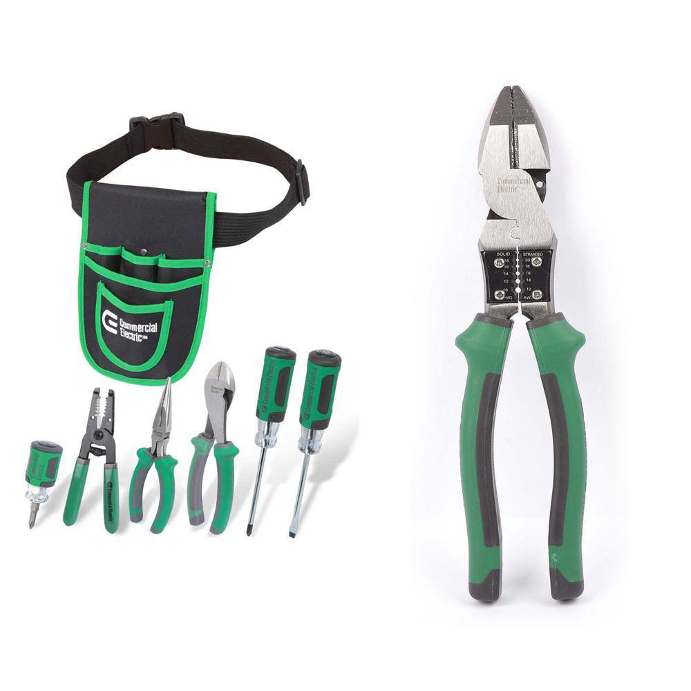 Commercial Electric 7-Piece Electrician's Tool Set with Pouch and 9 in. High-Leverage Multi-Purpose Linesman Pliers CE121101T