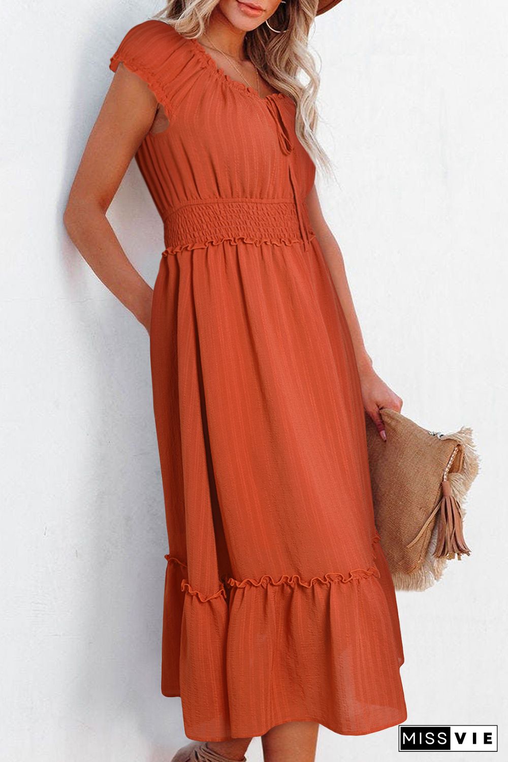 Puff Sleeve Tied V-Neck Smock Waist Frill Midi Dress