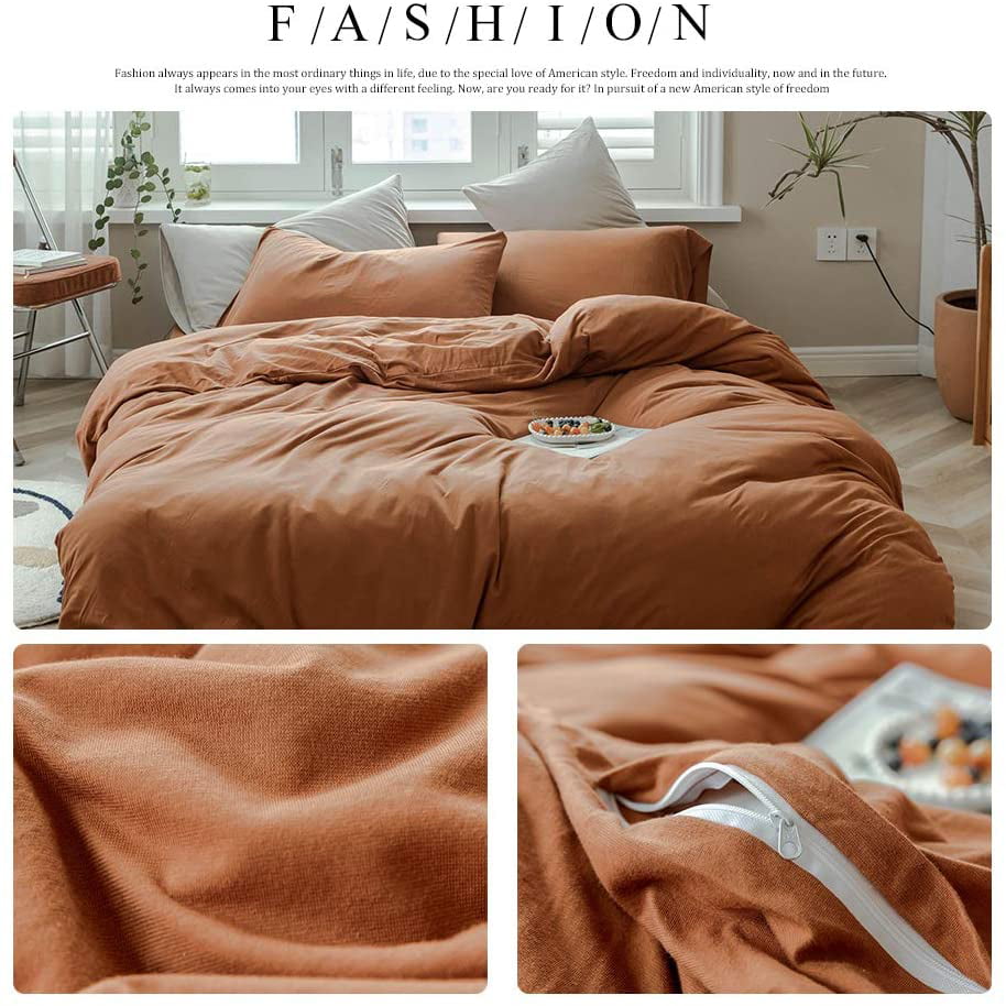 MKXI Caramel Pumpkin Duvet Cover Twin Size，Solid Brown Bedding Set，Soft Jersey Cotton Simple Bedroom Collection，Solid Color Adults Bedding