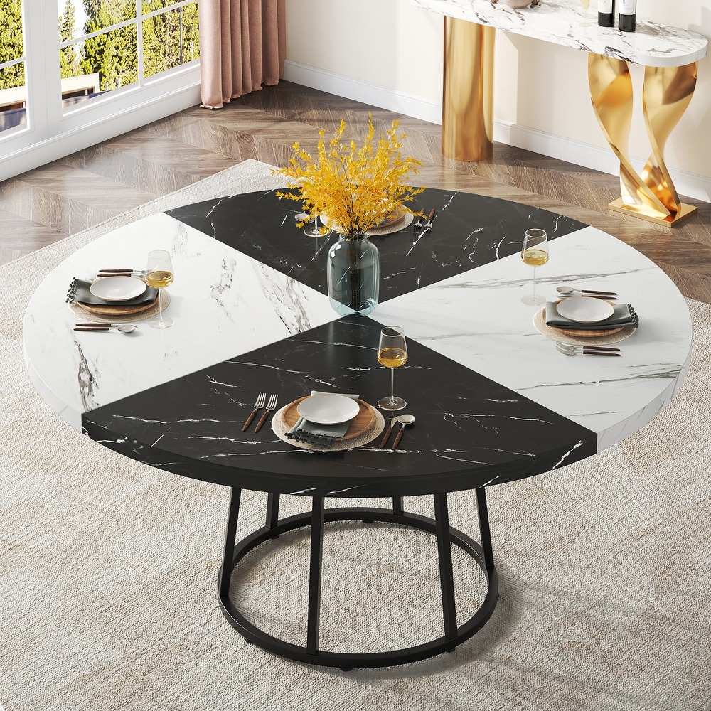 47 Inches Round Dining Kitchen Dinner Table with Faux Marble Tabletop