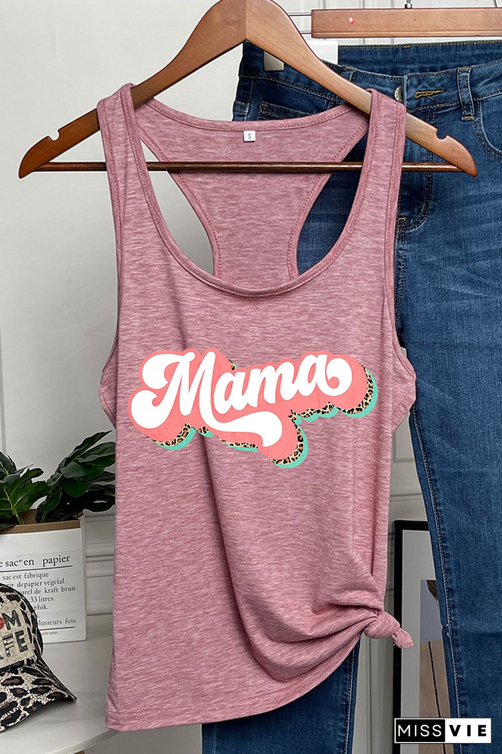 Mama Retro Leopard Pink Printed Sleeveless Tank Top Wholesale