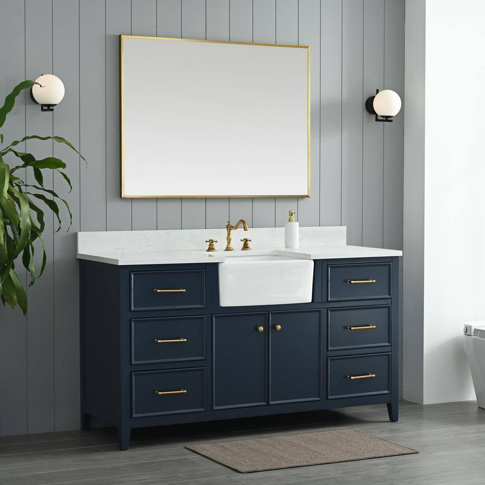 SUDIO Casey 60 in. W x 22 in. D Bath Vanity in Indigo Blue with Engineered Stone Vanity Top in Ariston White with White Basin Casey-60IB-S