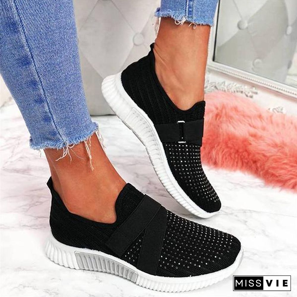 Women Fashion Bling Rhinestones Flyknit Fabric Slip On Breathable Platform Sneakers