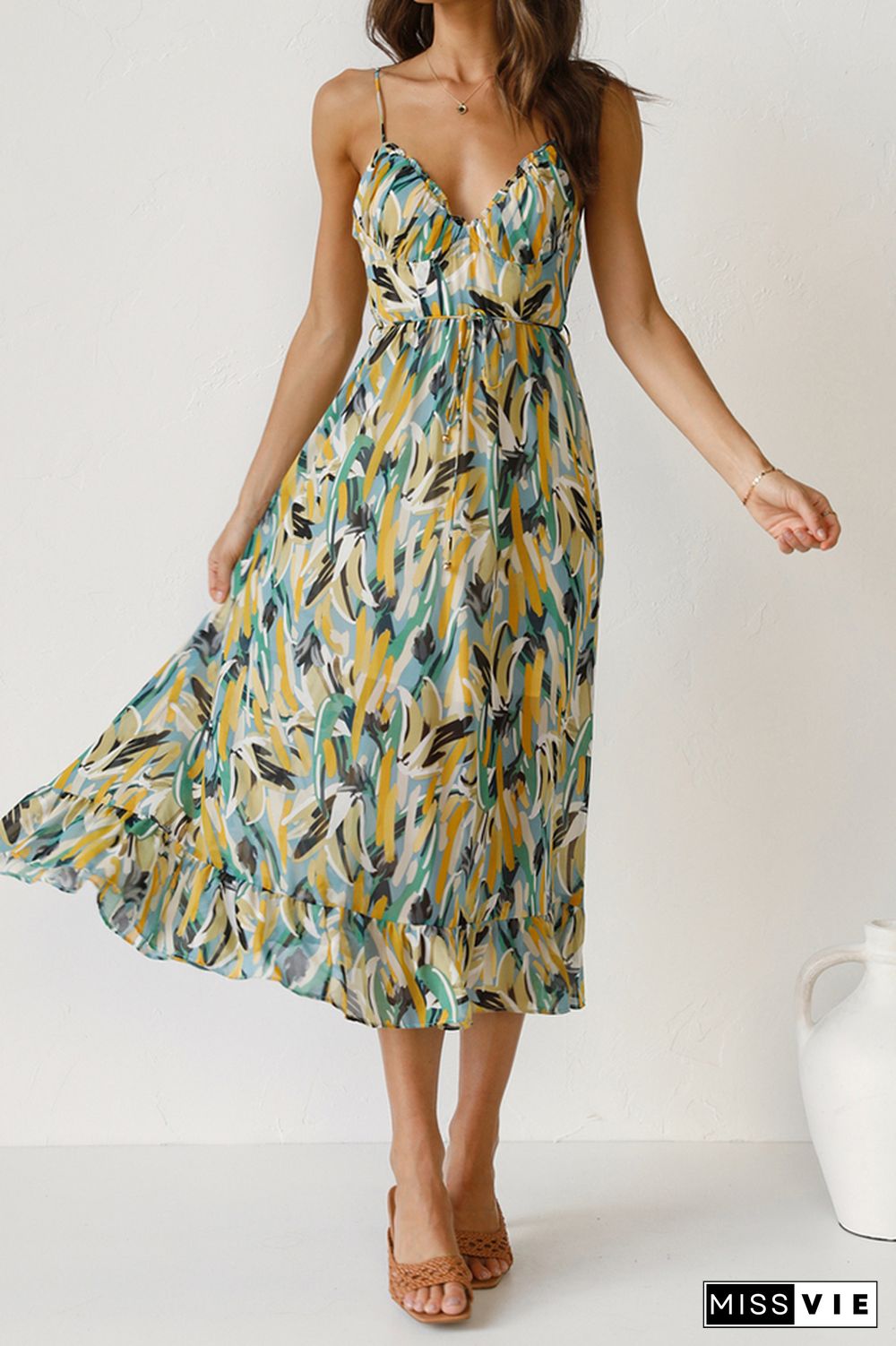 V Neck Halter Print Midi Dress Wholesale